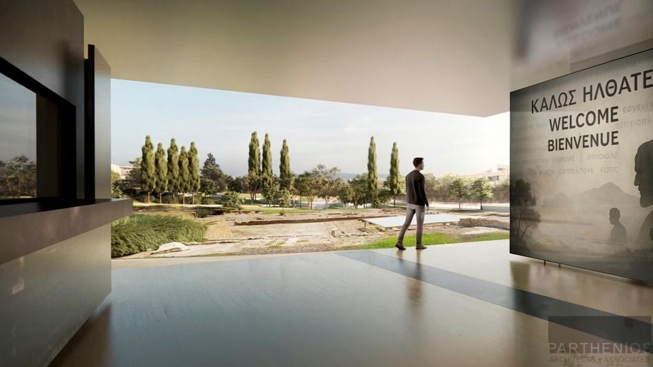 Fotorealistische Darstellung des „Tors des Wissens“, einer interaktiven Begrüßungsinstallation an der archäologischen Stätte des Lyzeums. Fotoquelle: Kulturministerium