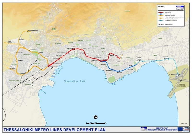 Karte der Metro Thessaloniki die Hauptlinie ist rot eingefärbt.